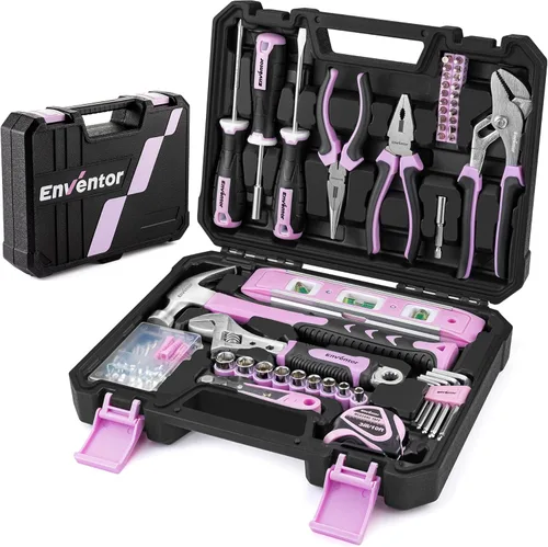 Enventor Juego de herramientas rosas para mujeres, kit de herramientas manuales para el hogar general de 146 piezas con caja de herramientas de