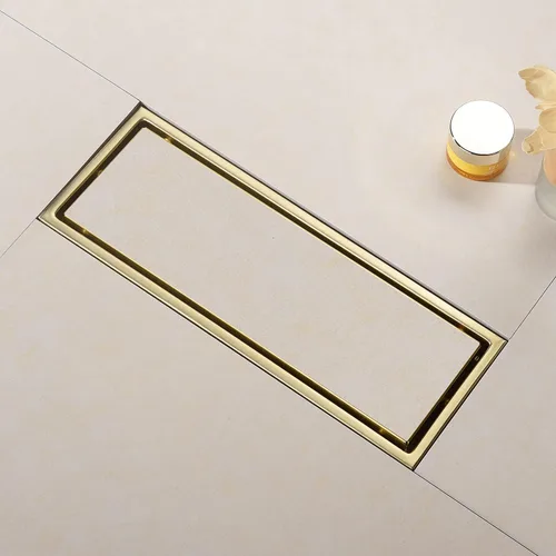 Miniatura 3 de Tubo de drenaje de ducha lineal de 12 pulgadas, oro cepillado, con rejilla de inserción de azulejos, cubierta oculta desmontable, drenaje