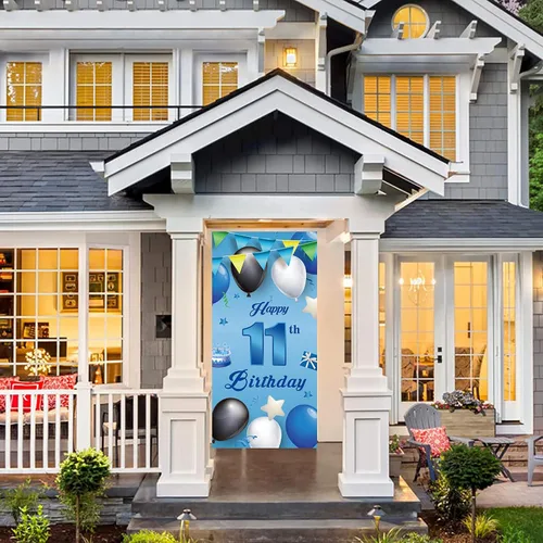 Miniatura 4 de Cartel azul de feliz cumpleaños número 11, globos de fondo de estrellas, confeti y saludos a los 11 años, decoración temática de puerta, porche