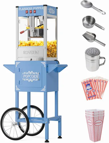 ROVSUN Máquina de palomitas de maíz con carrito, ruedas y hervidor de 8 onzas que hace hasta 32 tazas, certificada ETL, máquina de palomitas de maíz