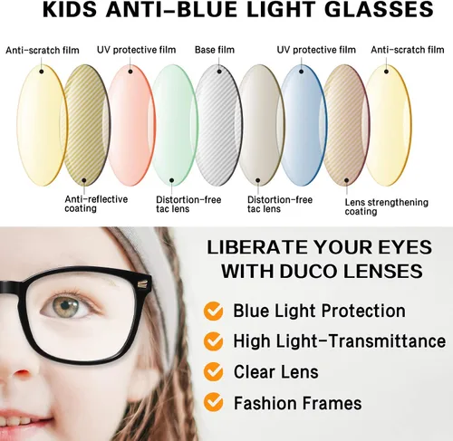 Miniatura 7 de DUCO K028 - Lentes de luz azul para niños y niñas, para juegos de computadora, antirrayos UV, para niños de 6 a 10 años