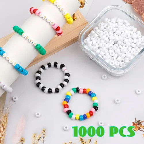 Miniatura 3 de 1000 piezas Cuentas de pony para pulsera de 9 mm, cuentas de plástico blanco en barril para collar, cuentas de pelo para trenzas, llavero