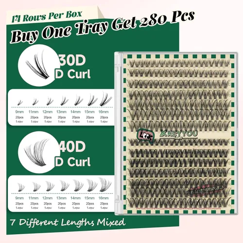 Miniatura 3 de Kit de extensión de pestañas DIY KEYYOU 280 piezas, pestañas individuales, rizadas D, kit de extensión de pestañas 30D+40D, 9-16 Mix, racimos