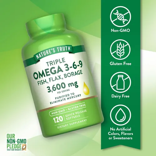 Miniatura 3 de Nature's Truth Omega 3-6-9 cápsulas blandas 3600 mg 120 unidades Aceite de pescado, lino y borraja Triple fuerza Suplemento sin OMG y sin