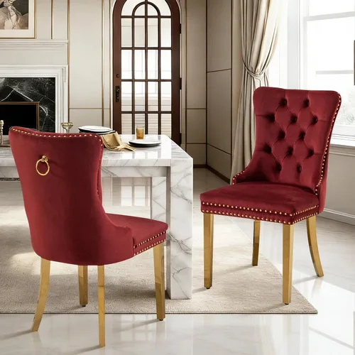 Miniatura 69 de Juego de 2 sillas de comedor de terciopelo tapizadas con ribete de cabeza de clavo y patas doradas chapadas en acero inoxidable para cocina