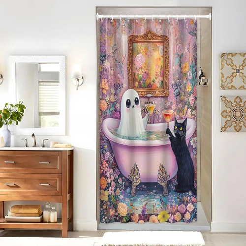 Miniatura 2 de Divertida cortina de ducha de fantasma, diseño de fantasma, rosa, floral, lindo fantasma toma una bañera en flor, Halloween, gato negro, academia