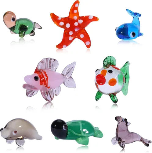 8 piezas de figuras de vidrio soplado a mano - Miniaturas de vidrio del océano: tortuga, tortuga marina, delfín, ballena, estrella de mar, foca, pez