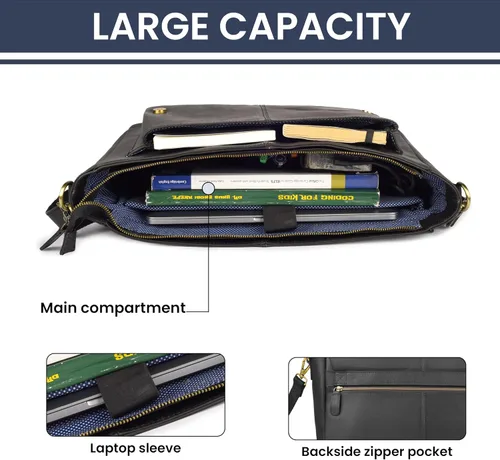 Miniatura 5 de LEATHER VILLAGE Bolso Mensajero de Cuero Vintage–Morral Hecho a Mano de 15.5" para Hombres y Mujeres– Bolso de Hombro para Oficina, Viajes y Uso