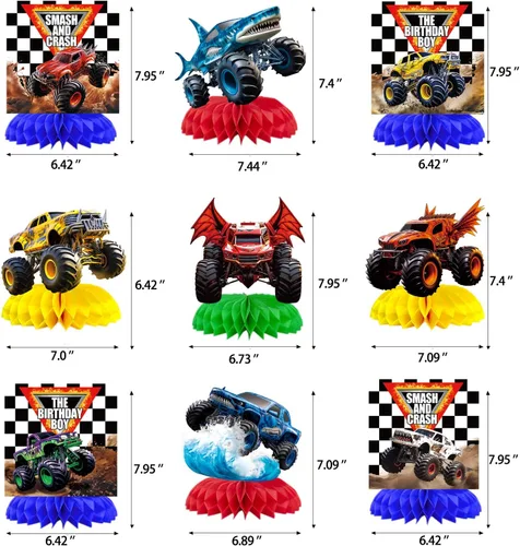 Miniatura 2 de 9 piezas de centro de mesa de nido de abeja de camión monstruo camión monstruo decoraciones de fiesta de cumpleaños Monster Truck decoraciones