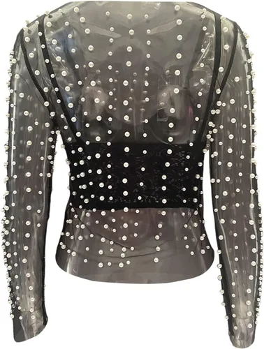 Miniatura 5 de Top sexy de malla transparente con perlas para mujer, top transparente de manga larga con diamantes de imitación