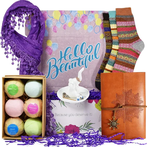 Cesta de regalo para mujer El juego de regalo para mujer contiene 6 bombas de baño, 3 pares de calcetines, 1 diario de cuero, 1 soporte de anillo