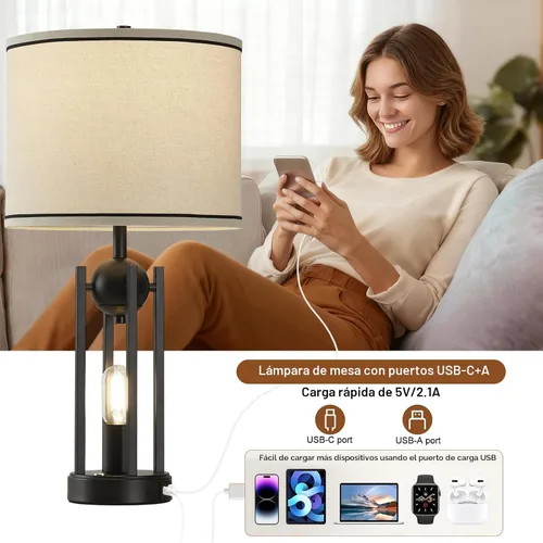 Miniatura 3 de Lámparas de mesa industriales de 25 pulgadas para sala de estar, 1 unidad con puertos USB C+A, lámpara de noche rústica de granja para dormitorio