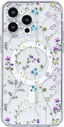 Compatible con el teléfono 13 Pro - Funda magnética mate translúcida, de lujo, a prueba de golpes, magnética y con bonito patrón de flores, carcasa