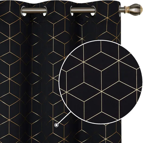 Deconovo Cortinas opacas, aislamiento térmico y reducción de ruido, estampado de lámina de diamante – ojales en la parte superior, 2 paneles, Negro