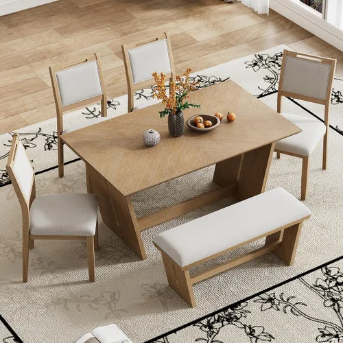 Miniatura 8 de Merax Juego de sillas de comedor de 6 piezas, mesa rectangular de madera de caucho retro con base de caballete diseñada y 4 sillas tapizadas y 1 Gris