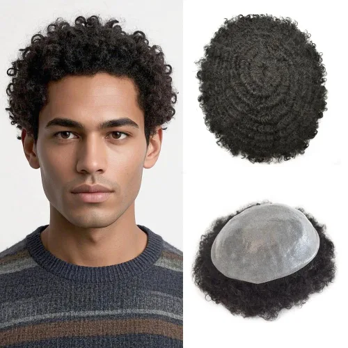 Miniatura 10 de Unidades de cabello afro para hombre, tupé, meave, afro tupé para hombre, sistema de reemplazo de cabello humano rizado, postizo de 0.787 in, 1#