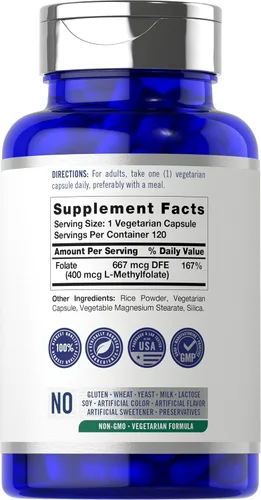 Miniatura 2 de Carlyle L Metilfolato 400 mcg 120 cápsulas vegetarianas Folato de metilo optimizado y activado Suplemento sin OMG y sin gluten por