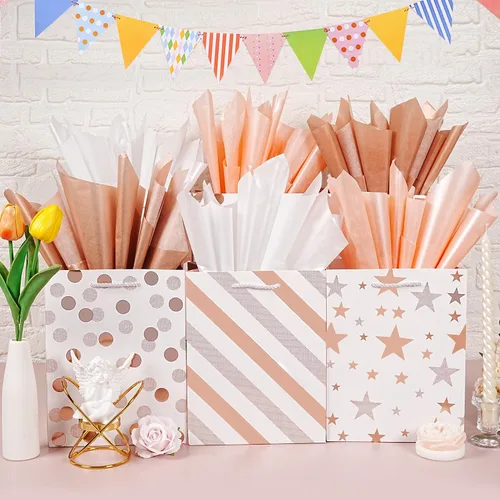 Miniatura 3 de 60 hojas de papel de seda para bolsas de regalo, 14 x 20 pulgadas, papel de seda metálico rosa dorado rosa blanco para embalaje de manualidades, Oro