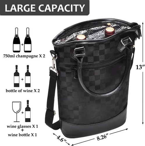 Miniatura 2 de Tirrinia - Portavinos aislada para regalo con 2 botellas – Bolso de transporte para vino/champaña con acolchado para viajes, estuche portátil