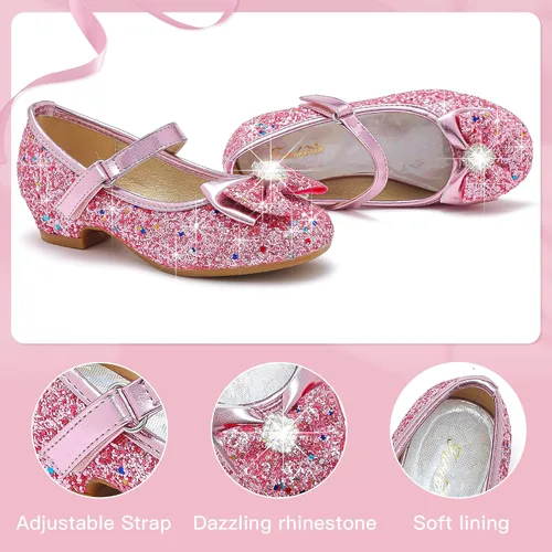 Miniatura 4 de Furdeour Zapatos de vestir para niñas, Mary Jane, boda, flores, damas de honor, tacones con purpurina, zapatos de princesa para niños pequeños
