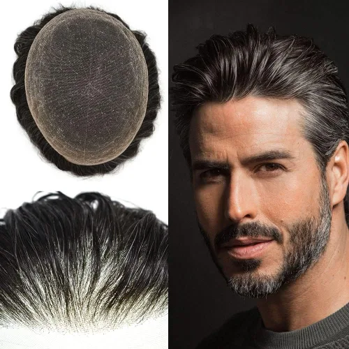 Miniatura 9 de Toupee para hombres Piezas de cabello humano real, encaje francés completo para hombres, pieza de cabello, nudos blanqueados, línea capilar natural