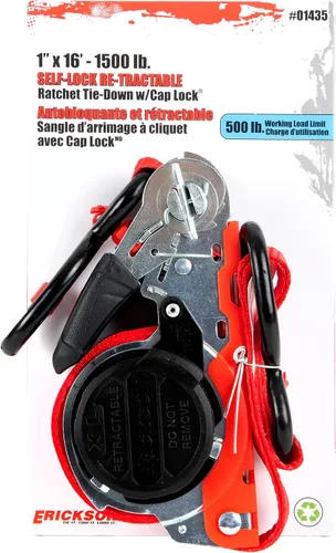 Erickson Correa de Amarre Retráctil con Trinquete - 1 pulgada x 16 pies - Resistencia a la Rotura de 1500 libras, Correa Roja, Autobloqueo, Ganchos