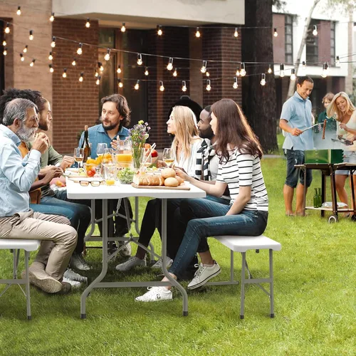 Miniatura 7 de VINGLI Juego de mesa de picnic con 2 bancos, juego de sillas de mesa de campamento de 6 pies, material HDPE resistente con marco de metal, muebles