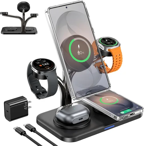Meifigno Estación de carga magnética 5 en 1 de 45 W para Samsung, soporte de cargador inalámbrico para teléfono dual y Galaxy Watch, cargador rápido