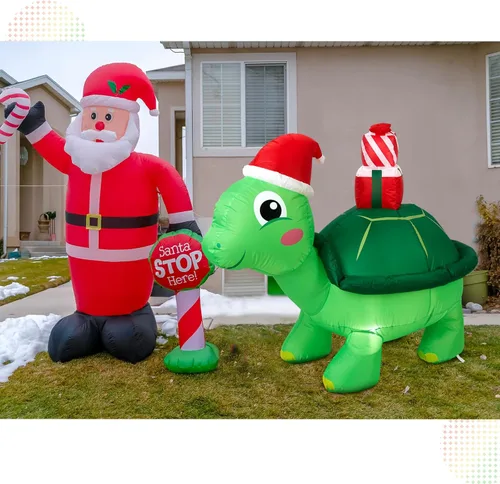 Miniatura 6 de Shappy - Decoración inflable gigante de Navidad de 1.49 m con tortuga con gorro de Papá Noel, decoración inflable con luces LED de Navidad