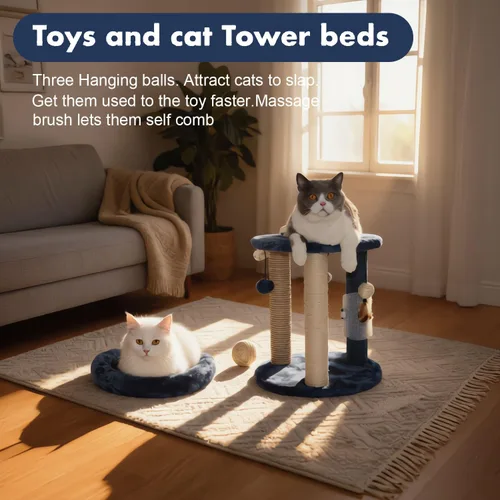Miniatura 6 de MECOOL Árbol Rascador para Gatos con Torre y Cama Suave. Alfombra de Sisal de Calidad Natural y Postes de Yute con Tres Juguetes de Bola Colgante