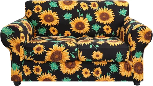 Miniatura 18 de hyha Funda para sofá, diseño floral, elástica, estampada, 4 piezas, fundas para sofá de 3 cojines separados, protector de muebles lavable para Azul