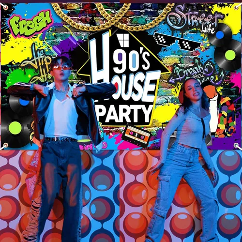 Miniatura 2 de Avezano Telón de Fondo para Fiesta de los 90 en Casa con Graffiti de Hip Hop, Decoraciones Temáticas de los 90 para Fiesta en Casa, Radio Retro