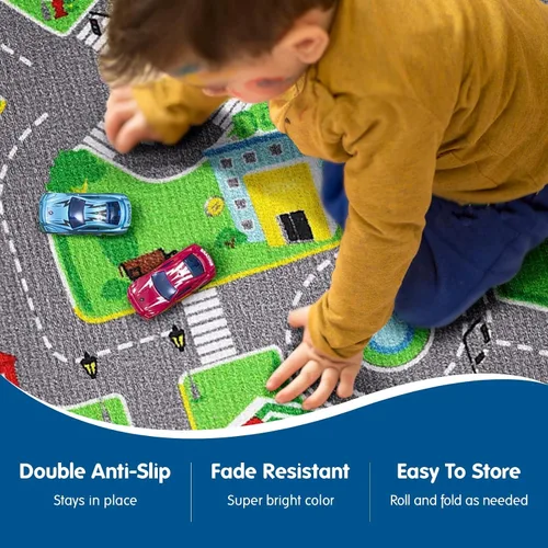 Miniatura 3 de Booooom Jackson Alfombras de coche para niños, autos de juguete de 31 x 59 pulgadas, colorido juego de simulación de ciudad divertida, alfombra