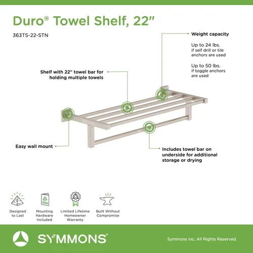 Miniatura 4 de Symmons 363TS-22-STN Duro - Toallero de pared con barra (22 pulg.) en níquel satinado