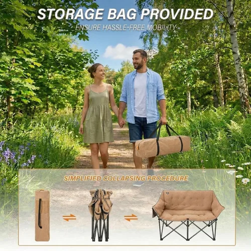 Miniatura 6 de Silla plegable para camping, silla doble portátil con soporte para tazas, soporte para copas de vino, bolsa de transporte resistente para 2 adultos
