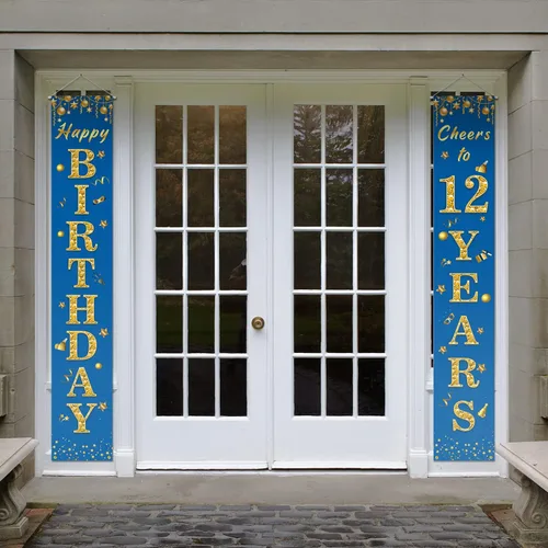 Miniatura 5 de Cartel de feliz cumpleaños número 12 para porche, decoración azul – Decoración temática de fiesta de bienvenida a los 12 años para niños y niñas