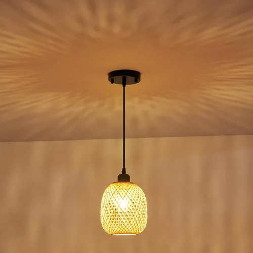 Miniatura 3 de 1 lámpara colgante de bambú tejida a mano, estilo bohemio, elegante, cordón ajustable, ratán de bambú, lámpara colgante de techo para comedor, bar