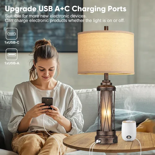 Miniatura 3 de QiMH Lámparas de mesa Farmhouse para sala de estar, lámparas rústicas de mesita de noche para dormitorio con puertos de carga USB A+C, lámpara