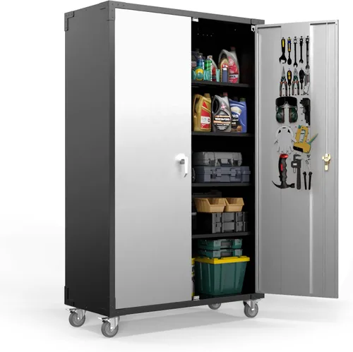 Miniatura 21 de VINGLI Armario de Pared para Garaje con Puertas con Cerradura y Estante Ajustable, Gabinete de Pared de Metal, Gabinete de Almacenamiento Superior