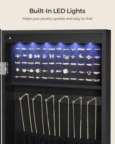 Miniatura 21 de SONGMICS Gabinete colgante de joyería, gabinete de pared con luces interiores LED, organizador de joyas montado en la puerta, espejo de cuerpo Blanco