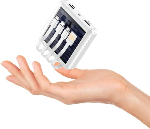 Cargador solar portátil de 12000 mAh, batería de energía solar pequeña, batería externa con entrada/salida USB C con 4 cables incorporados, linterna