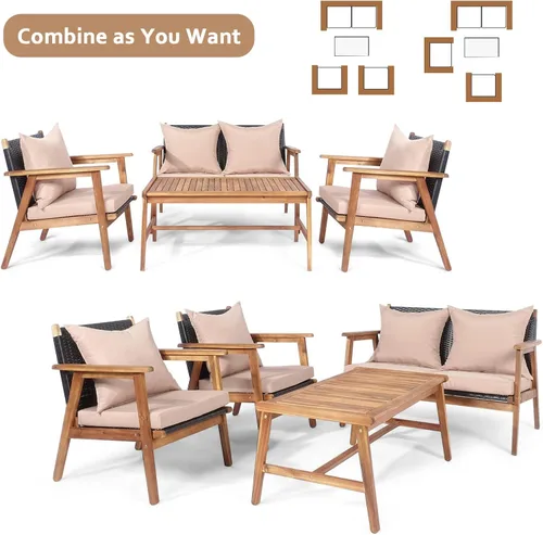 Miniatura 3 de RELAX4LIFE Juego de muebles de patio al aire libre, juego de sofá de mimbre de 8 piezas con mesa auxiliar, asiento, cojines de respaldo, marco