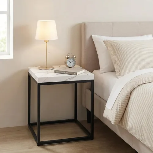 Miniatura 6 de CENSI - Mesa auxiliar/mesa auxiliar de mármol blanco de 18 pulgadas Parte superior de madera extragruesa de 1.6 pulgadas, diseño industrial