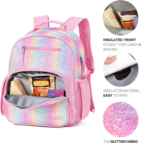 Miniatura 3 de mibasies Mochila para niñas y niños, ideal para niños y niñas, mochila para preescolar jardín de infantes y primaria, Glitter Rainbow, Niños-15"H