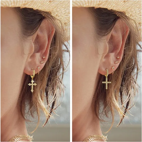 Miniatura 2 de 2 pares de aretes de cruz para hombre, chapados en oro de 14 quilates, colgantes, clásicos, pequeños 5A+, circonita cúbica pavimentada, aretes