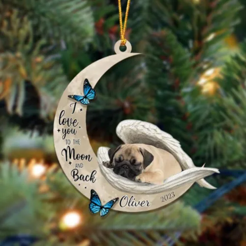 Miniatura 150 de Adorno colgante personalizado de ángel durmiendo en la luna, perro sabueso afgano, nombre personalizado, acrílico impreso en 2D plano – cumpleaños