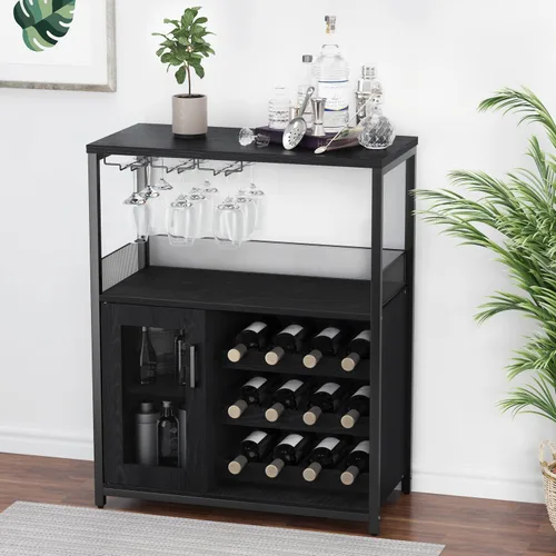 Miniatura 3 de IDEALHOUSE Armario de bar de vinos de 3 niveles con estante y cajón desmontable para vinos, aparador industrial y gabinete de buffet con soporte