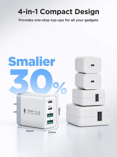 Miniatura 5 de Paquete de 2 Cargadores de Pared USB C, Bloque Cargador Rápido USB C de 40W y 4 Puertos con Puerto Dual QC+PD 3.0 Adaptador de Energía, Cargador