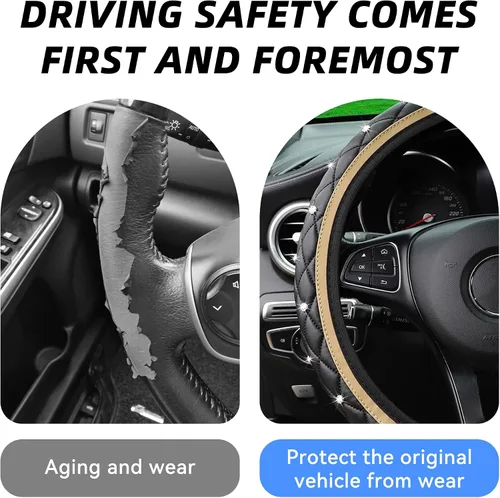 Miniatura 4 de Funda de cuero brillante para volante, 15 pulgadas, antideslizante, elástico, protector de volante con diamante brillante para mujeres y niñas