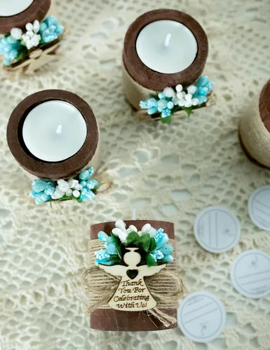 Miniatura 4 de Ju's Favors Juego de 10 portavelas de madera para recuerdos de bautismo para invitados, recuerdos de fiesta de baby shower (marrón oscuro - azul)